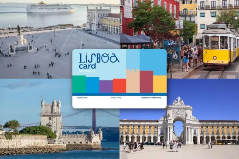 The Lisboa Card shown with Praça do Comércio, the number 28 tram, the Belém Tower and the Rua Augusta Arch