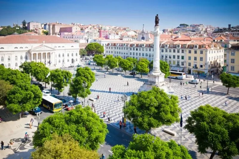 Aerial view of Rossio Square in Lisbon, with its wave-patterned pavement, central column and surrounding historic buildings