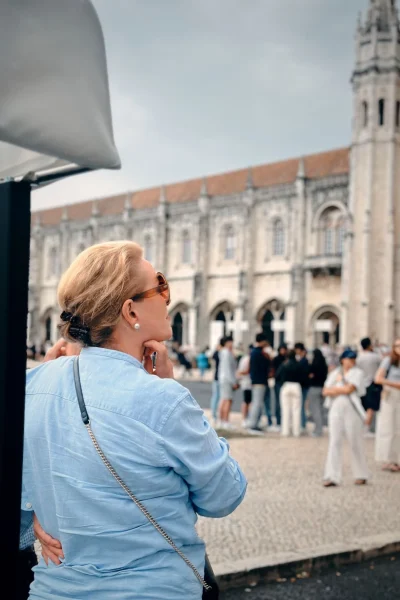 Guests on a Tukxi tuk tuk tour looking at Jerónimos Monastery in Belém
